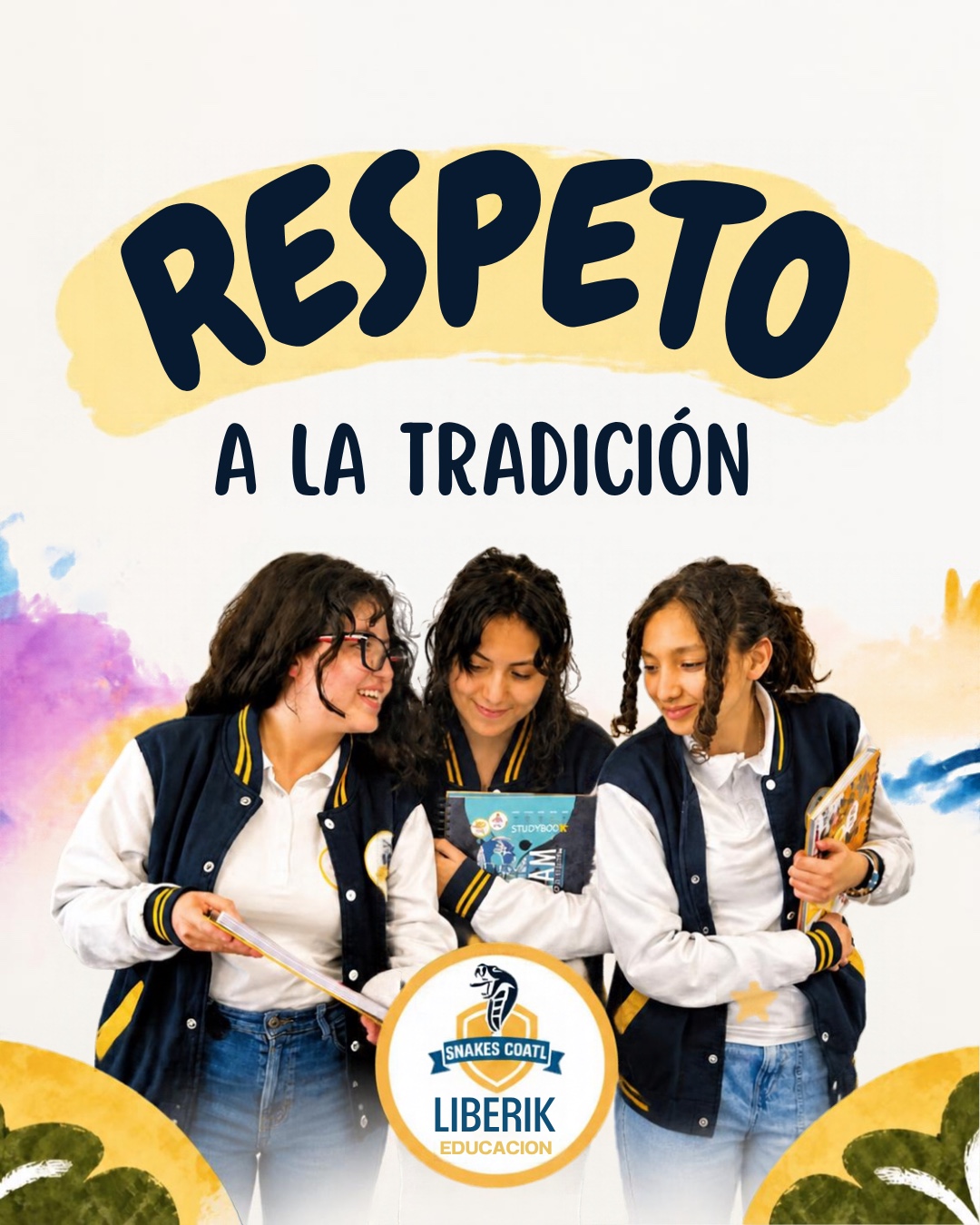Respeto a la tradición: tres alumnas de Libérika Educación con libros y uniforme institucional